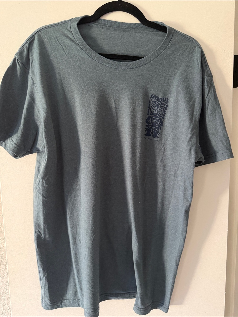 Men's Crew Neck T-Shirt in Slate Blue with Tiki Graphic Tamuras Maui Oahu
